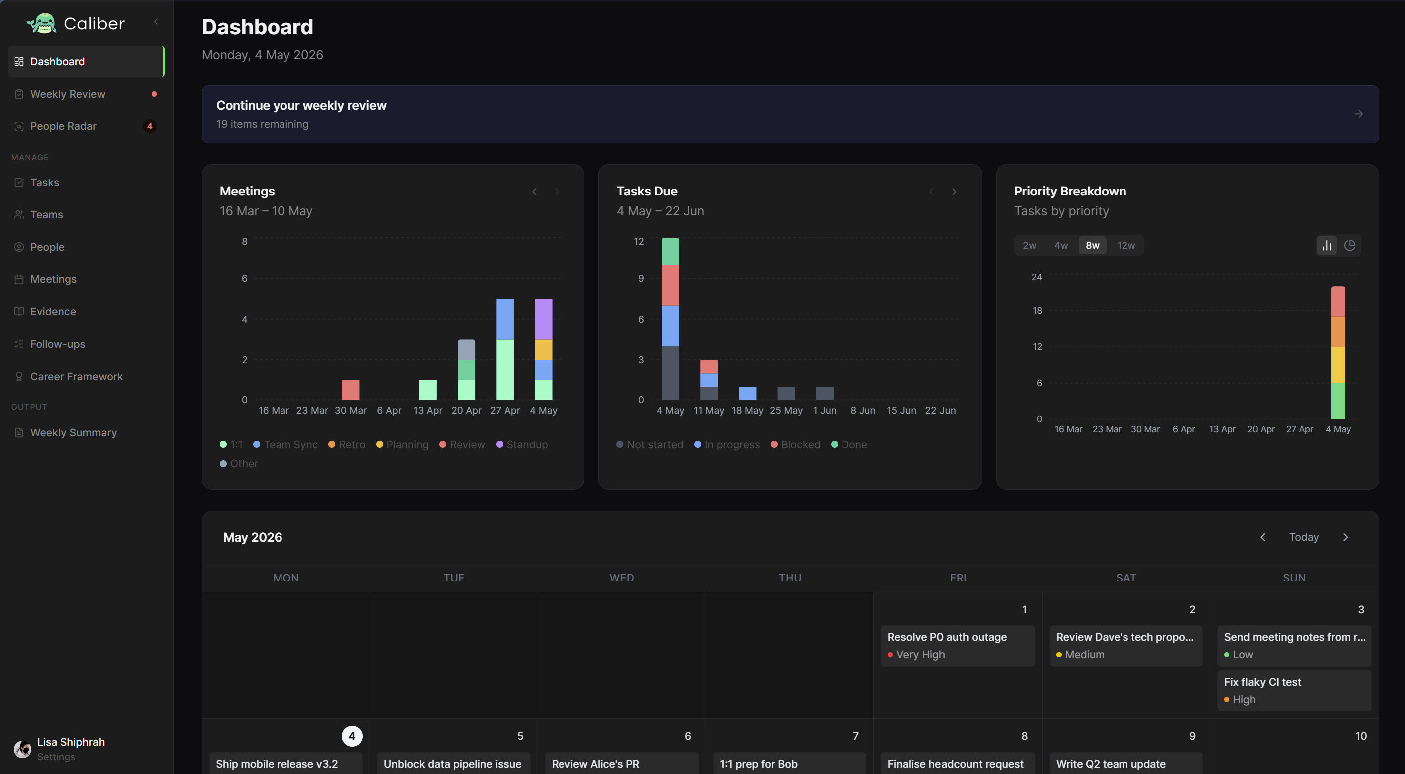 Caliber dashboard showing meetings, tasks due and the month view